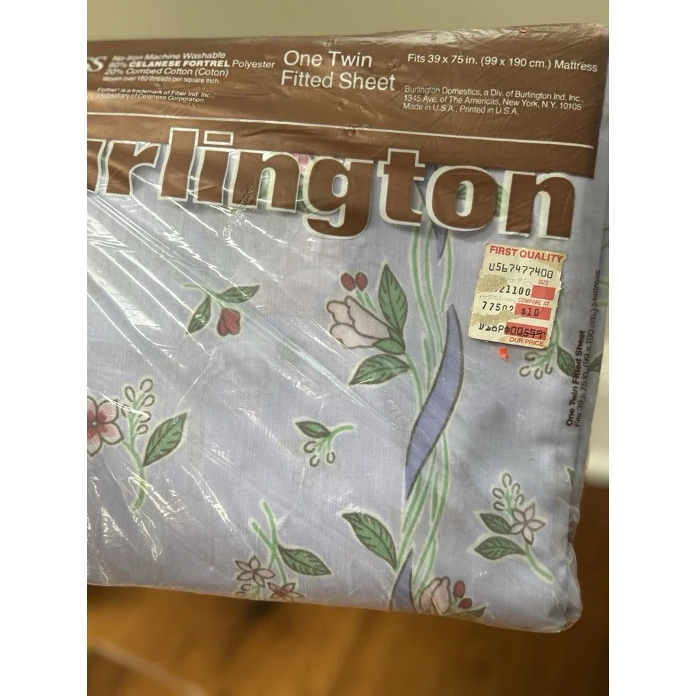 Vintage Burlington Caress Floral Fitted Twin Sheet Periwinkle Bouquet Ribbon New